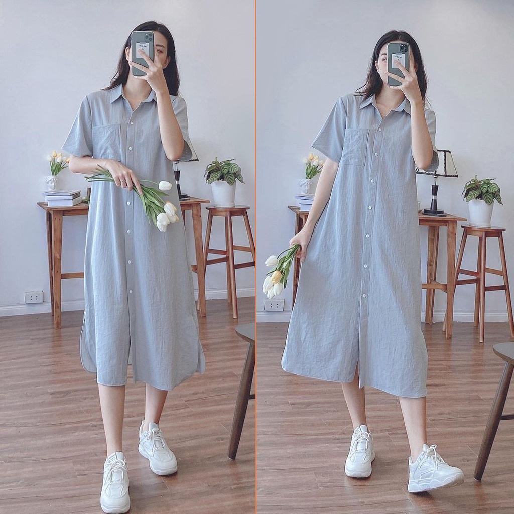 Váy sơ mi nữ dáng dài Linly Store thắt eo form suông vintage V-SMN