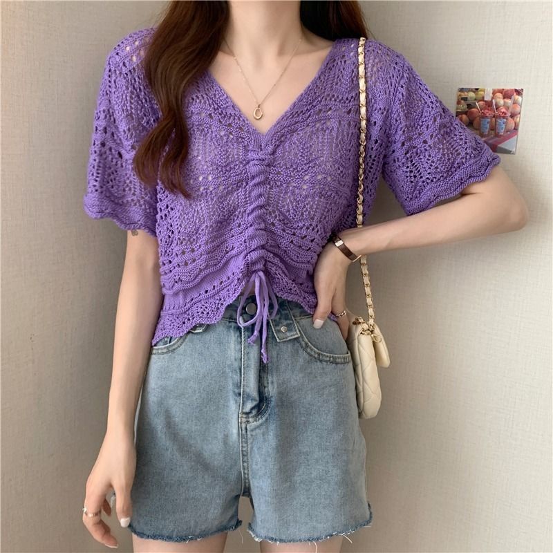 Áo Dệt Kim Tay Lửng Cổ Chữ v Thời Trang Hàn Quốc Cho Nữ