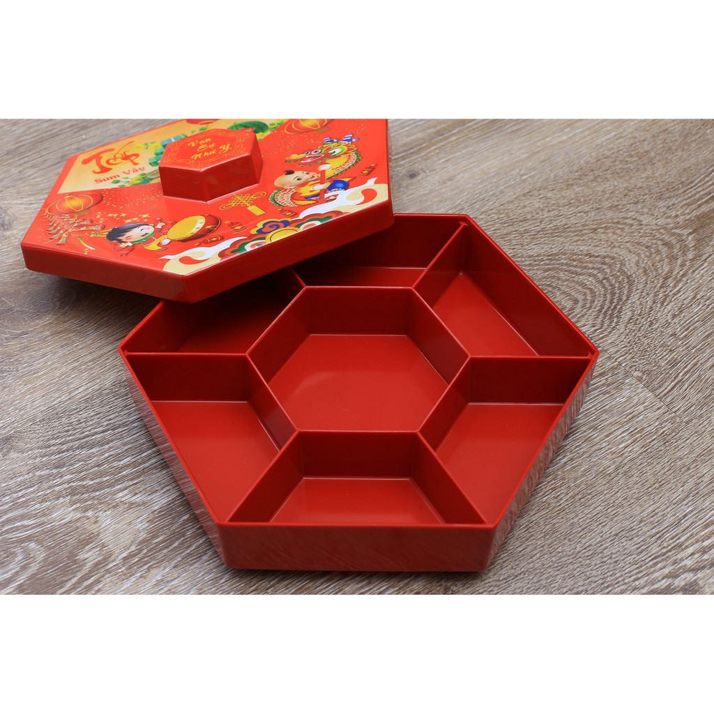 Hộp mứt TẾT lục giác màu đỏ nhựa melamine VCP Vinh Cơ
