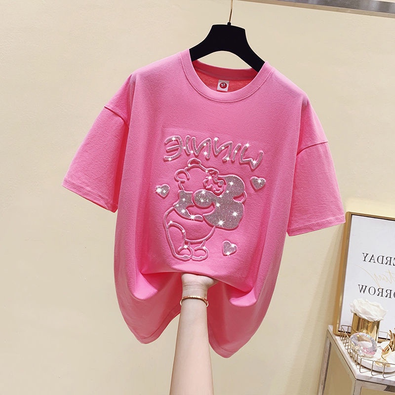 Áo Thun Nữ Ngắn Tay Cổ Tròn Đính Đá Thời Trang