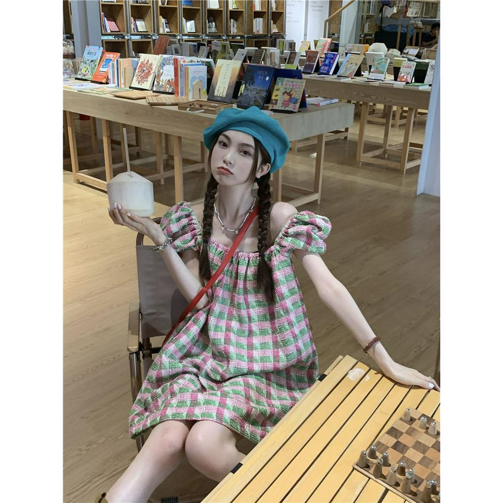 Đầm Tay Ngắn Cổ Vuông Họa Tiết Sọc Caro Phong Cách Hàn Quốc Thời Trang Cho Nữ