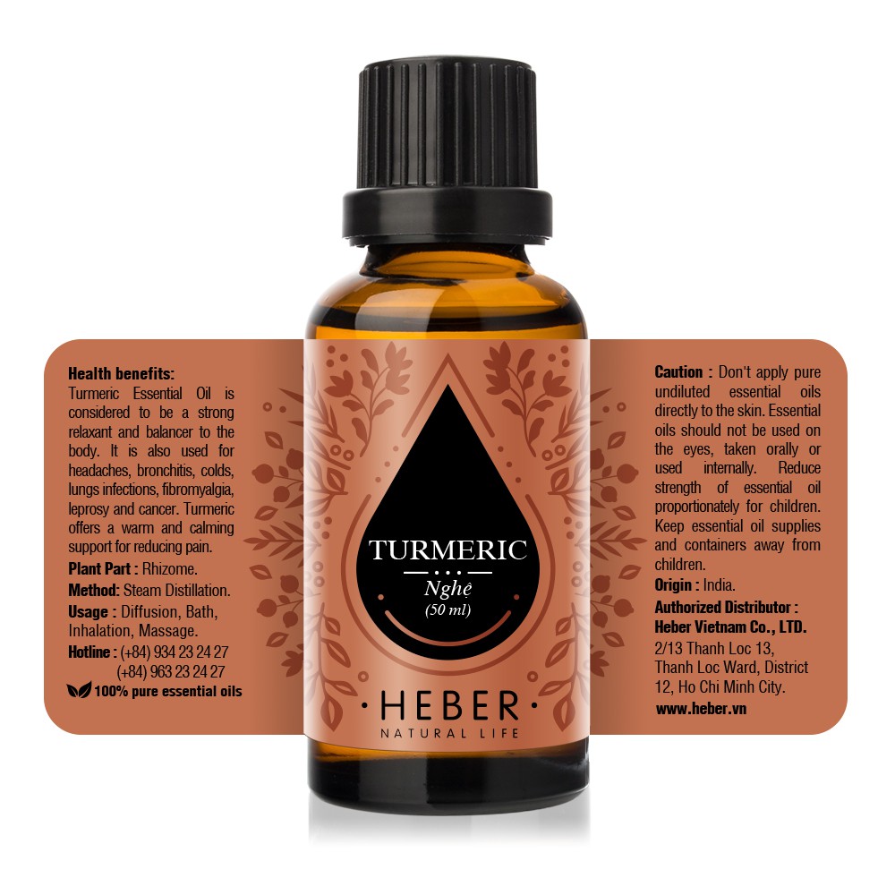 Tinh Dầu Nghệ Heber - Turmeric Essential Oil, Cao Cấp Nhập Khẩu, 100% Thiên Nhiên Nguyên Chất, Chai 10ml/30ml/50ml