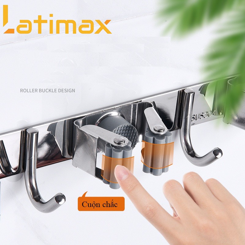 Thanh Treo Đồ Đa Năng 4 Móc 3 Kẹp Chổi Latimax Inox 304 Dán tường Siêu chắc tặng kèm keo dán chuyên dụng