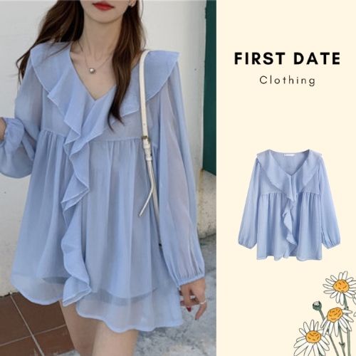 Áo babydoll Áo sơ mi nữ Áo bánh bèo tiểu thư baby doll voan cổ V Firstdateclothing combo 2 sản phẩm đi biển