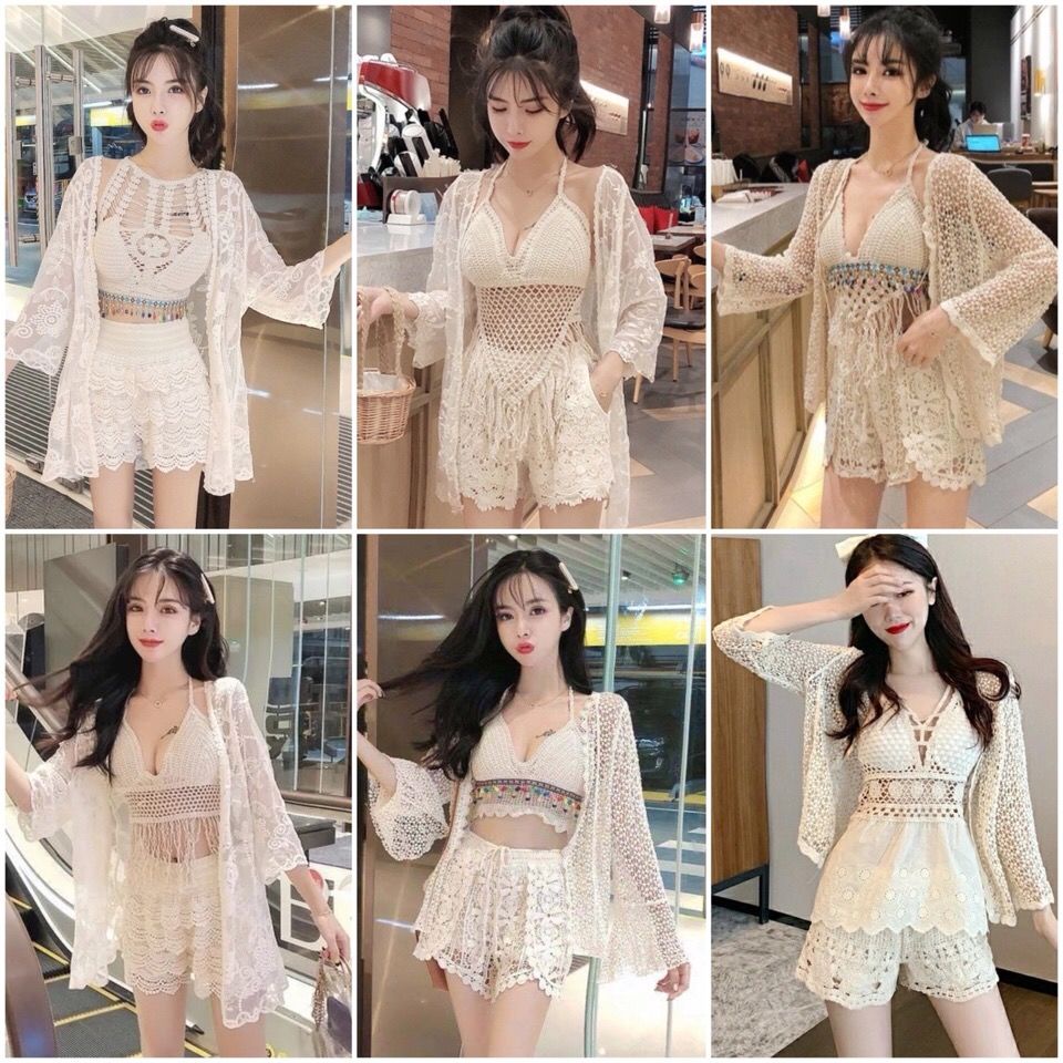 Bikini, Đồ Bơi Đi Biển Nữ 2 Mảnh Len Móc Kèm Áo Choàng FZ45 bikini đi biển 3 mảnh