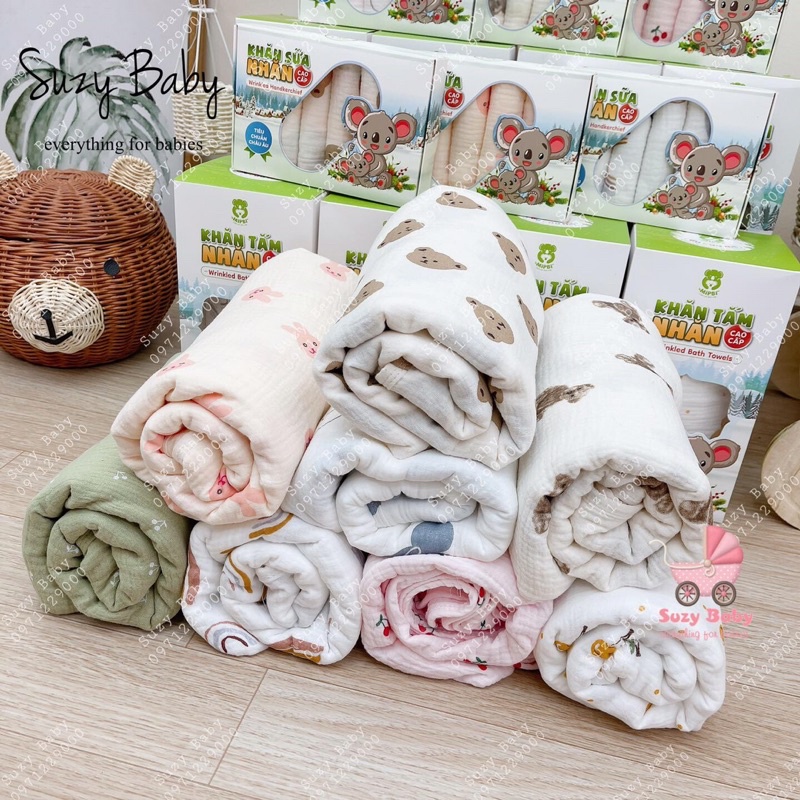 Khăn tắm, chăn xô nhăn MIPBI hoạ tiết - 100% COTTON