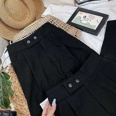 Quần tây nữ đi học lưng cao dáng dài màu đen ống đứng đáy cao kiểu Quần baggy nữ công sở 2 khuy cúc lệch vải dày dặn mềm