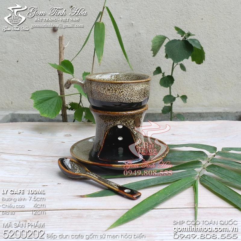 Bộ ly tách hâm nóng cafe đốt nến gốm sứ Bát Tràng men hỏa biến màu gấm