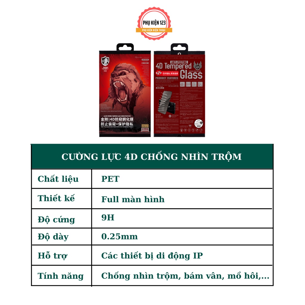 Kính cường lực chống nhìn trộm King Kong cho IP 6/6S/6P/6SP/7Plus/8Plus/X/XsMax/11ProMax/12ProMax/13/13Pro/13ProMax