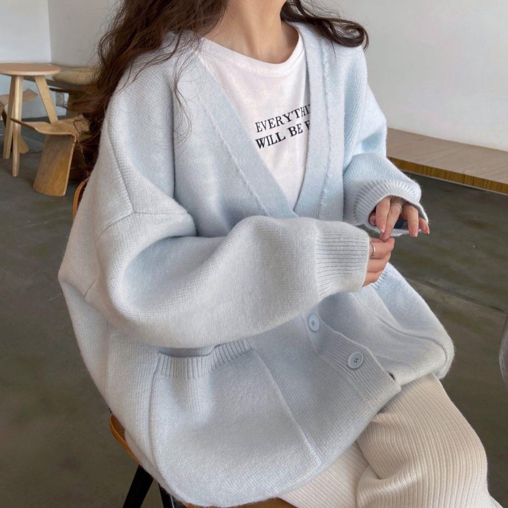 Áo cardigan Len Dáng Rộng Cổ Chữ V Màu Xanh Dương Sữa Phong Cách Thời Trang Thu Đông Hàng Mới 2022