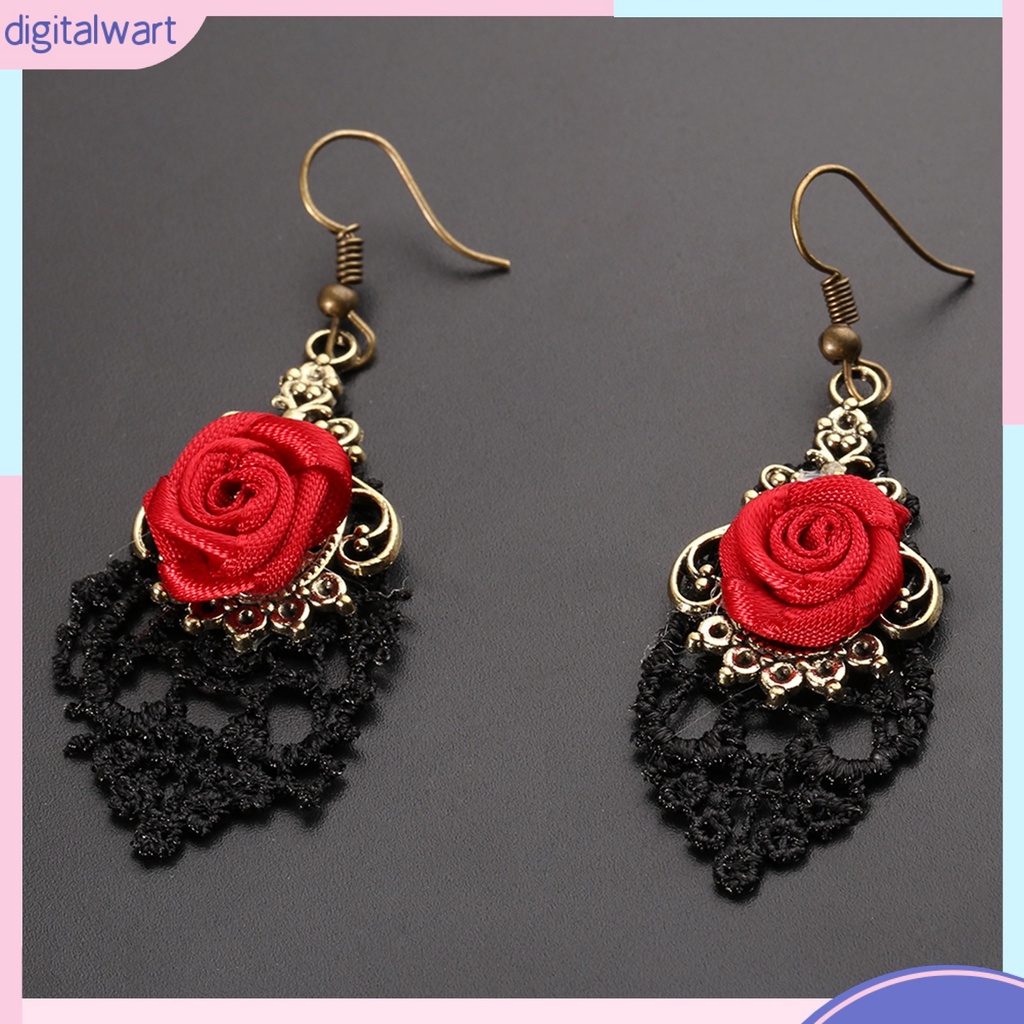 Cặp khuyên tai dáng dài phối ren đính hoa hồng sang trọng thanh lịch dành cho nữ