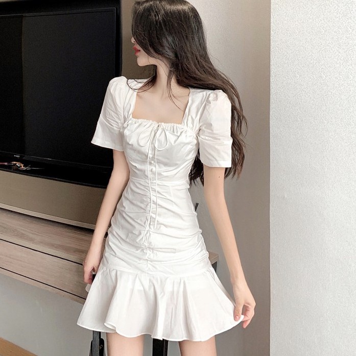 Đầm Thời Trang Tay Ngắn Cổ Vuông Xinh Xắn Phong Cách Hàn Quốc Cổ Điển | BigBuy360 - bigbuy360.vn