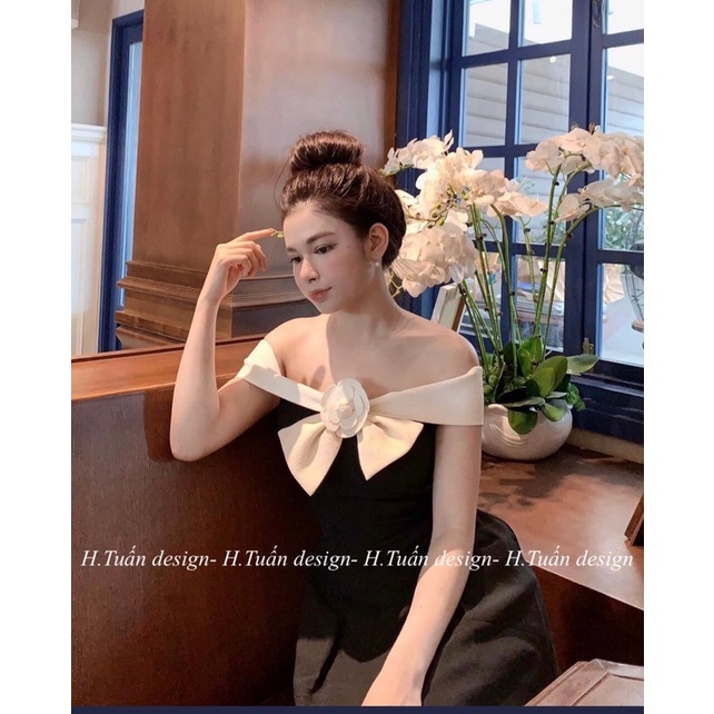 Váy trễ vai hoa nơ đi tiệc sang chảnh. Đầm đen xoè xẻ dáng dài