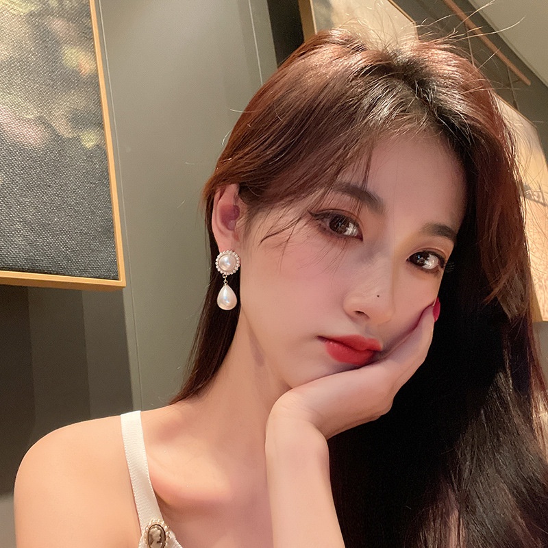 Bông Tai Mạ Bạc 925 Đính Ngọc Trai Giọt Nước Phong Cách Retro Thời Trang