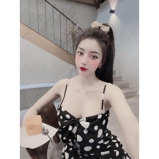 Đồ nữ đẹp, đầm xòe nơ ngực chấm bi (có mút ngực, có túi)