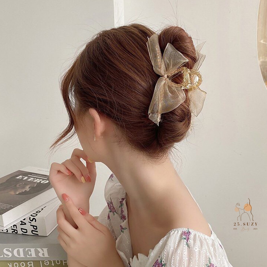 Kẹp tóc càng cua cỡ lớn phối lưới đính nơ xinh xắn phong cách Hàn quốc