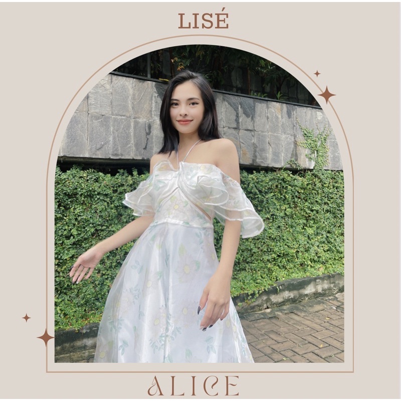 LISÉ Đầm thiết kế hoa ALICE trễ vai, cut eo váy trắng công chúa váy tiểu thư vai bồng S M L/ organza in hoa(có Video )
