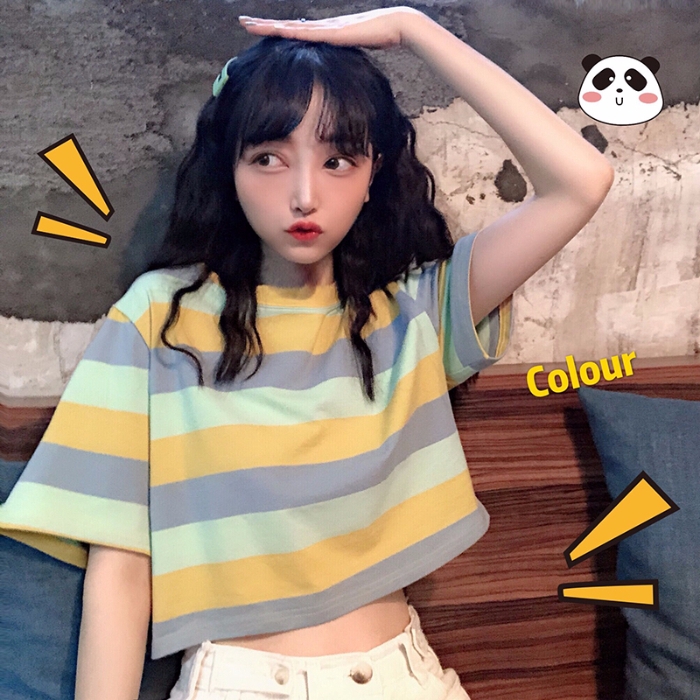 Women Korean Striped Short Sleeve Crop Tops