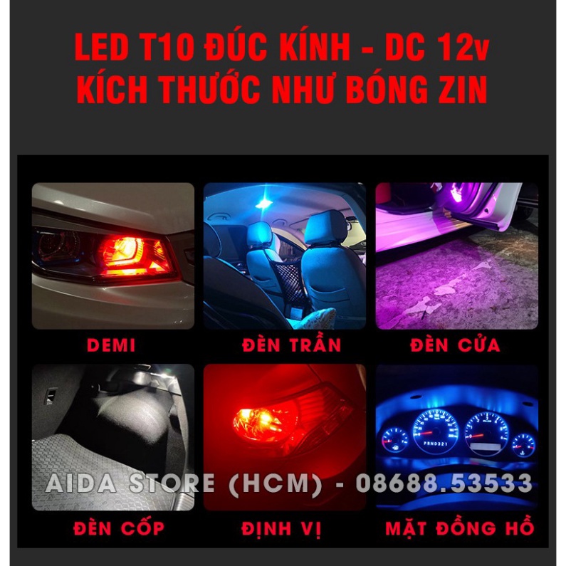01 bóng LED T10 sáng tốt ĐÚC KÍNH như zin lắp mặt đồng hồ, demi, xi nhan xe máy, ô tô DC 12v