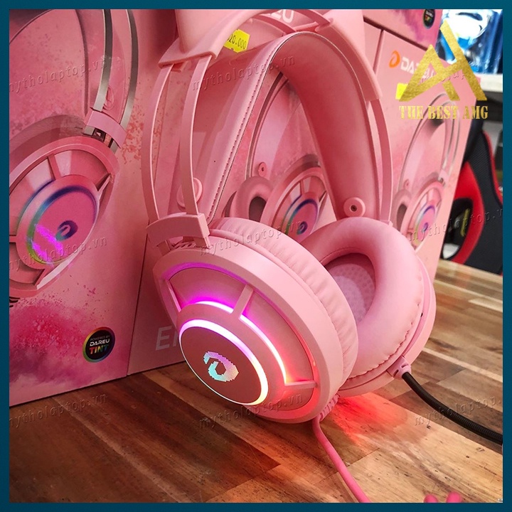 Tai Nghe Máy Tính Có Mic Gaming Led Rgb Headphone Chụp Tai DAREU EH416 Tai Mèo Màu Hồng Nghe Nhạc Chơi Game Có Dây