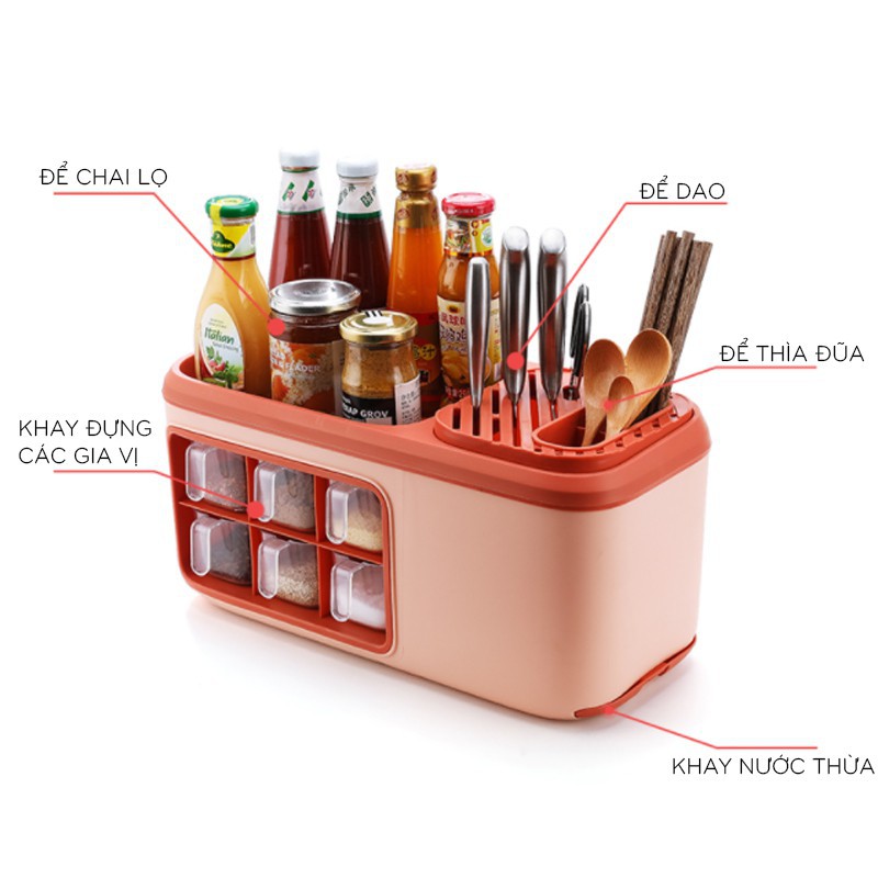 Hộp Đựng- Kệ gia vị nhà bếp kèm giá dao, đũa, thìa, chất liệu nhựa cao cấp có 6 ngăn đựng gia vị, cài dao, kéo, đũa thìa