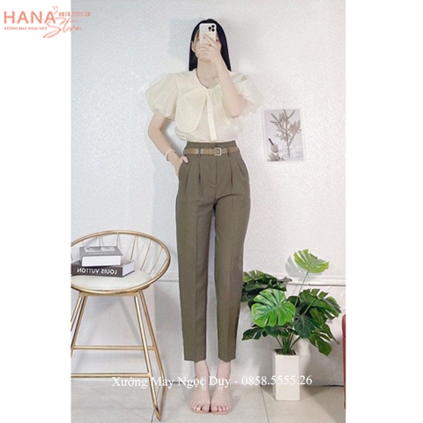 Quần tây nữ cạp lưng cao liền 2 nút cài đi học có đỉa ống đứng dáng quần baggy vải cạp liền cao công sở đi học co giãn