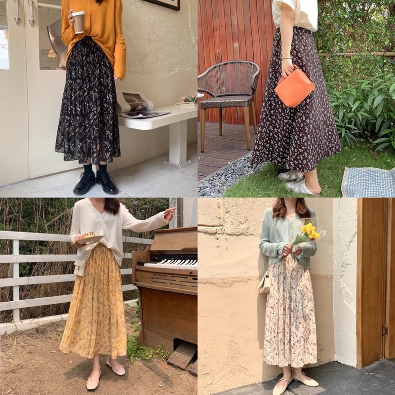 Chân váy hoa xếp li nhỏ Chân váy hoa nhí vintage dáng dài hàng Quảng Châu
