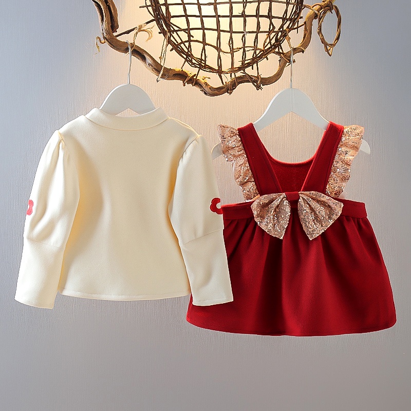 Set 2 món đầm tay phồng đính nơ + áo sơ mi cho bé gái