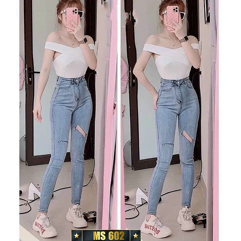 Quần Jean Nữ cạp cao ❤️FREESHIP❤️ Quần bò nữ đẹp co giãn thoải mái phối lưng kiểu xinh xắn thời trang A-T Fashion-QJNU02