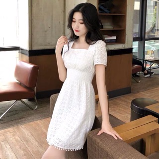 (Order) Váy trắng cổ vuông thanh lịch