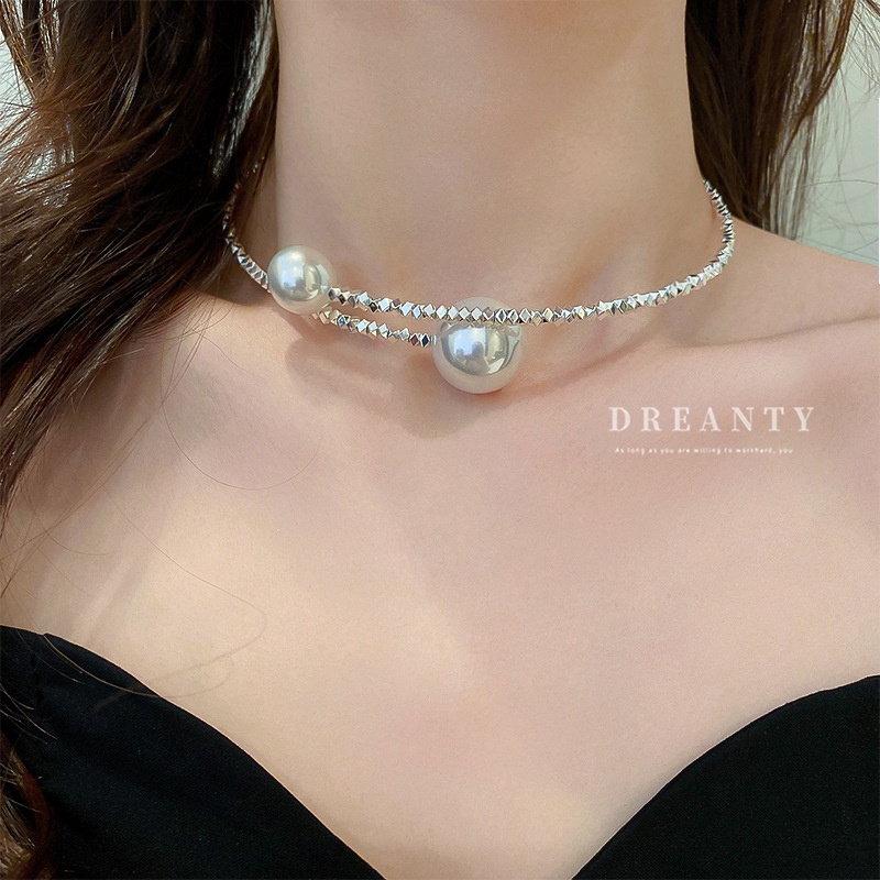 Dây Chuyền Hai Lớp Màu Bạc Đính Ngọc Trai Phong Cách Retro Thời Trang Mới