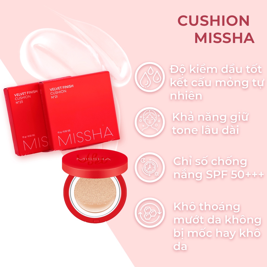 (CHÍNH HÃNG) Phấn Nước/ Cushion Kiềm Dầu Che Phủ Cao MISSHA Velvet Finish Cushion SPF50+/PA+++ 15g (Màu Đỏ), No 21, 23