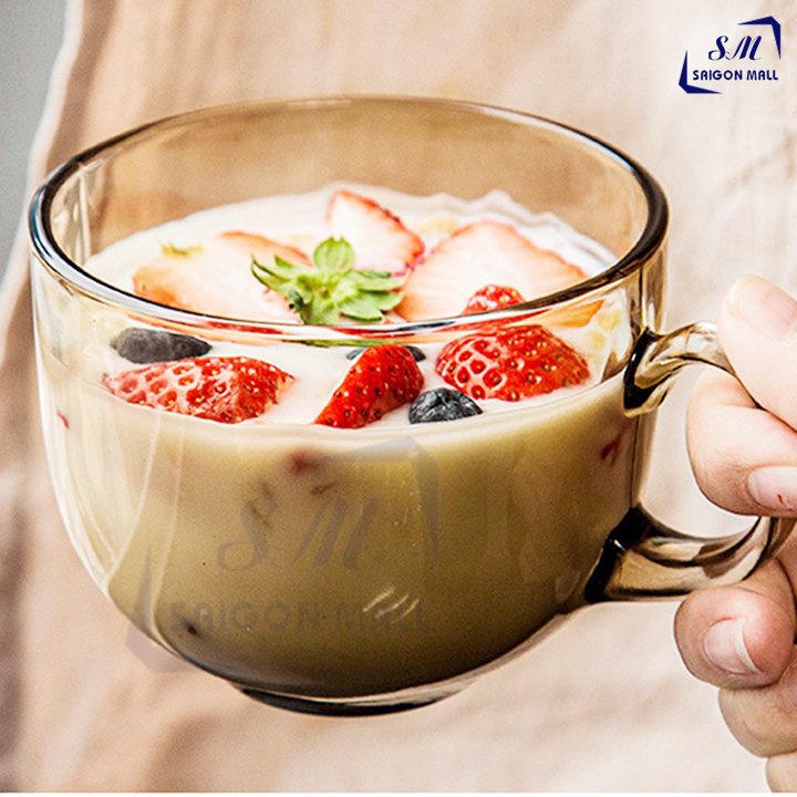 [SET 2 CỐC] Cốc thuỷ tinh LỚN 400ml màu HỔ PHÁCH uống cafe, ly quai lớn uống cotailk,uống sinh tố cực xinh