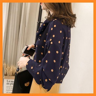 Áo sơ mi nữ kiểu cổ thắt nơ búp bê điểm chấm bi  [TTBK]