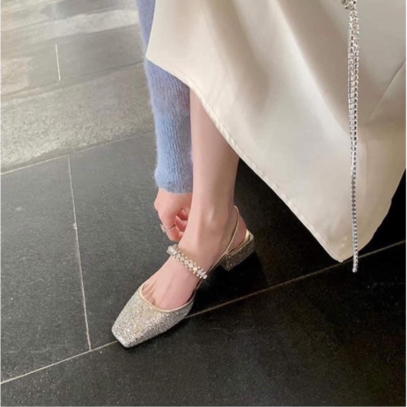 Giày cao gót Mary Jane mẫu mới mùa xuân 2022 đầu mũi vuông kết hợp dây đính đá