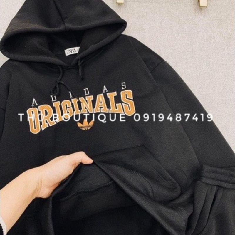 Set bộ hoodie ZARA xuất xịn nỉ cotton lót bông tay dài in chữ Originals túi trước quần short lưng thun đen, nâu, xám