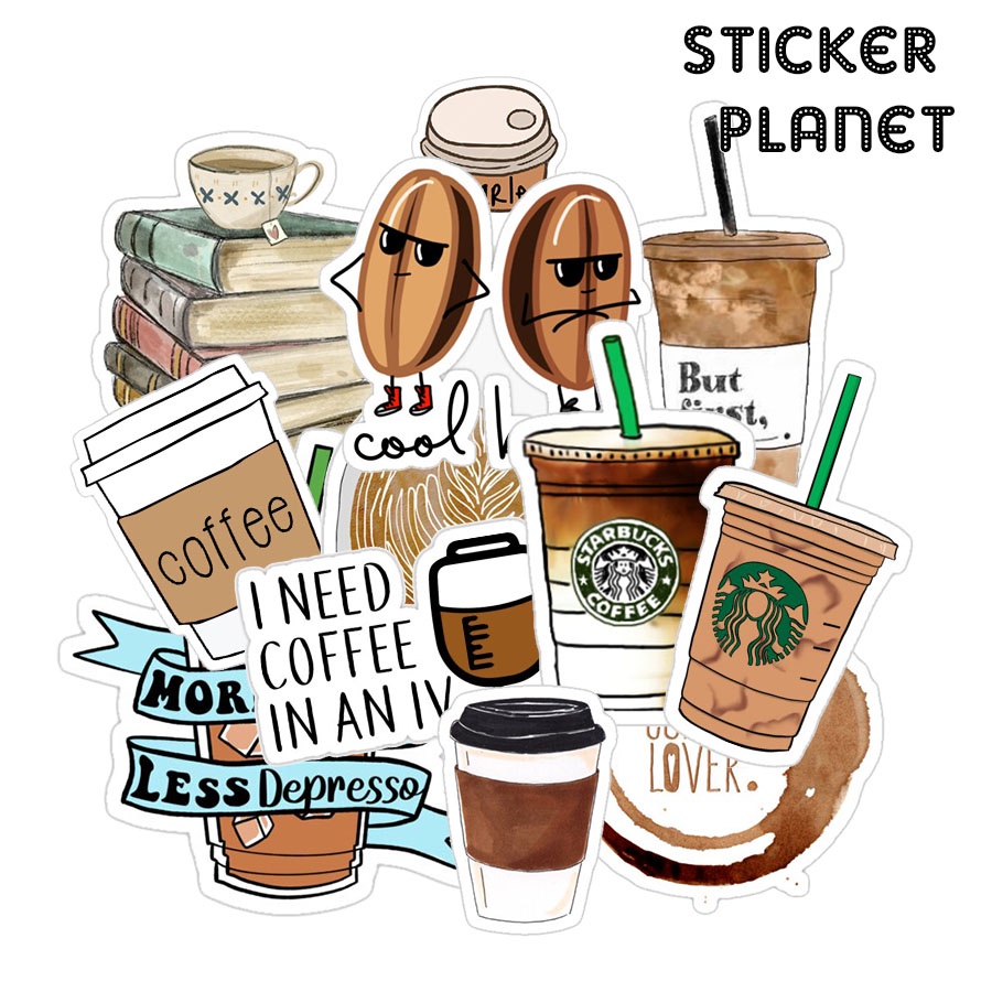 Bộ sticker chống thấm nước trang trí mũ bảo hiểm, đàn, guitar, ukulele, điện thoại laptop chủ đề coffee cafe