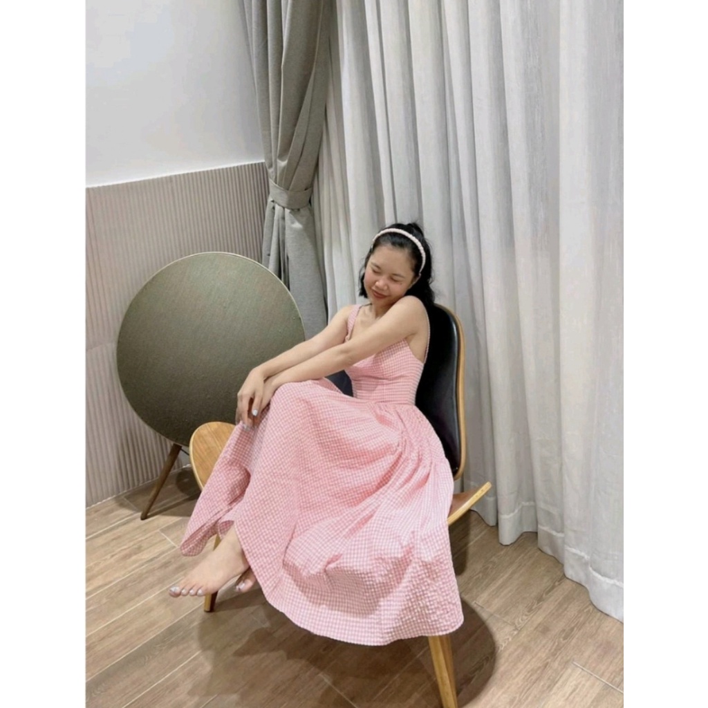 Đầm Váy Maxi Kẻ Caro Hồng 2 Dây Bản To - Hanju