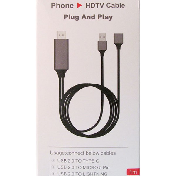 Cáp HDMI đa năng cho Android , Type-c ,iphone kết nối âm thanh và hình ảnh lên ti vi dài 1M