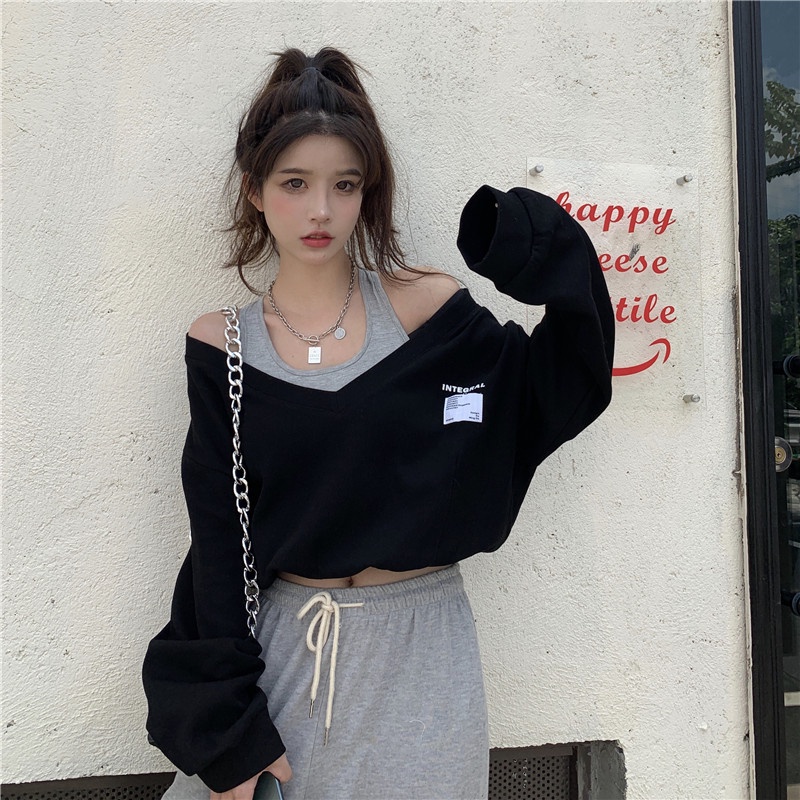 COZOK Áo sweater tay dài dáng rộng giả hai lớp thời trang Hàn Quốc