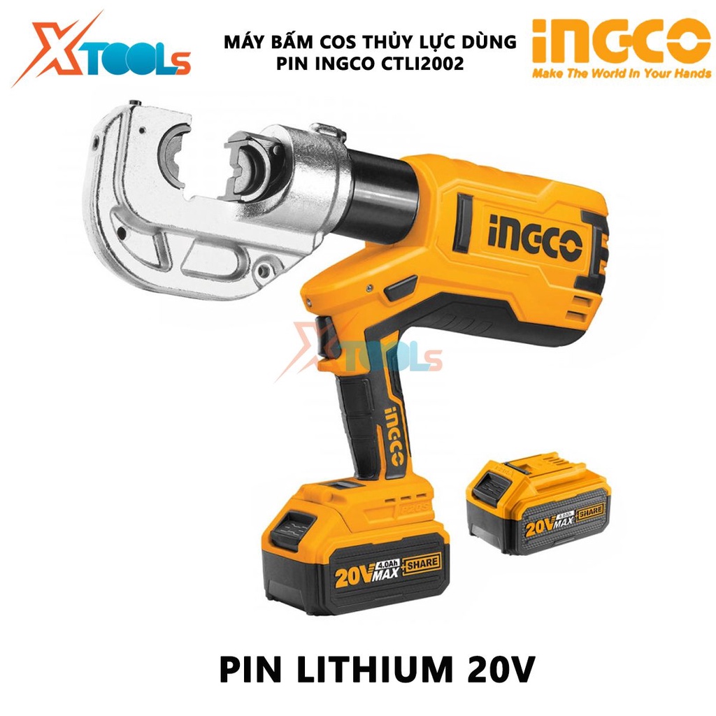 Máy ép cos thủy lực dùng pin INGCO CTLI2002 | Máy bấm cos thủy lực Điện áp 20V Phạm vi uốn 16-400mm² Lực uốn 120KN Chu k