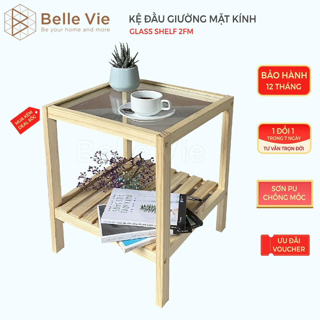 Kệ Đầu Giường Khung Gỗ Mặt Kính 2 Tầng BELLEVIE Kệ Gỗ Tab Đầu Giường Mặt Kính Glass Shelf