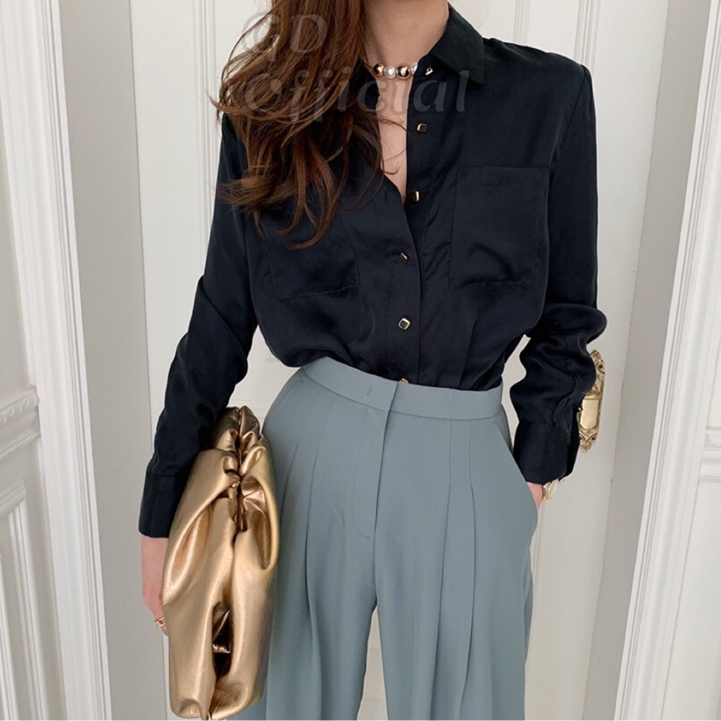 A3|Áo sơ mi công sở nữ dài tay chất lụa satin polo trơn rộng có túi suông rộng sang nâu, xám, trắng, xanh GD Official