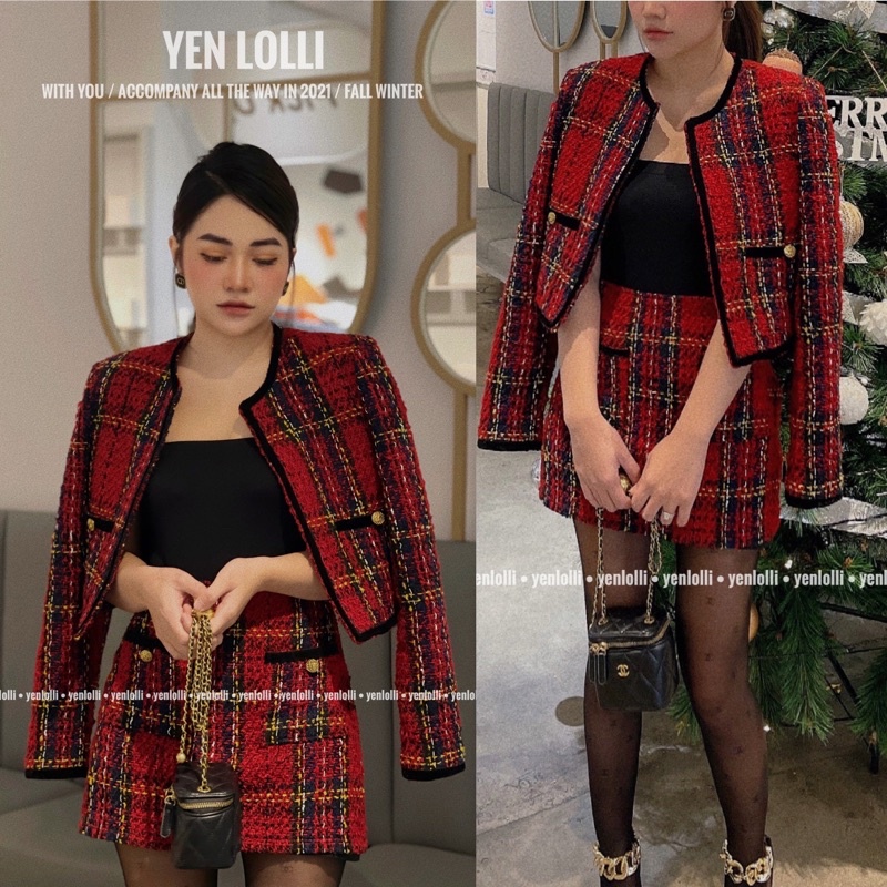 SET DẠ TWEED KẺ ĐỎ HÀNG THIẾT KẾ