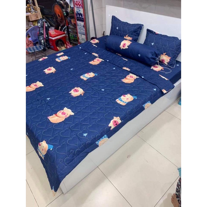 Bộ chăn hè ga gối 4 món dành cho đệm 1m2x1m9-HỌA TIẾT HEO XANH