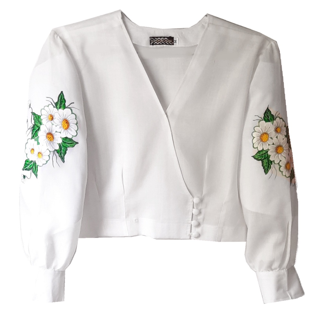 Áo croptop linen trắng đắp chéo tay phồng vẽ tay