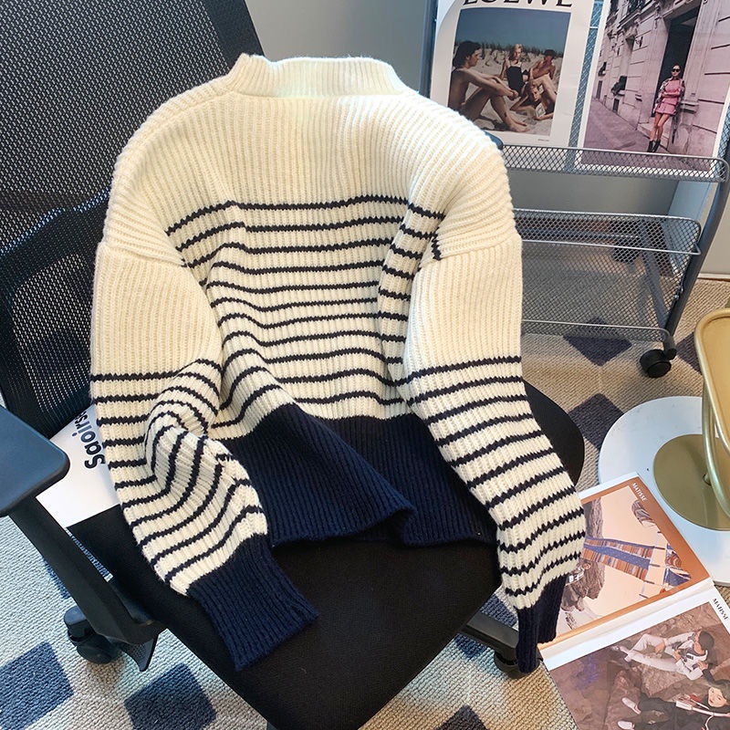 Áo Sweater Dệt Kim Dáng Rộng Họa Tiết Kẻ Sọc Màu Sắc Tương Phản Phong Cách Hàn Quốc Thời Trang Mùa Thu Cho Nữ