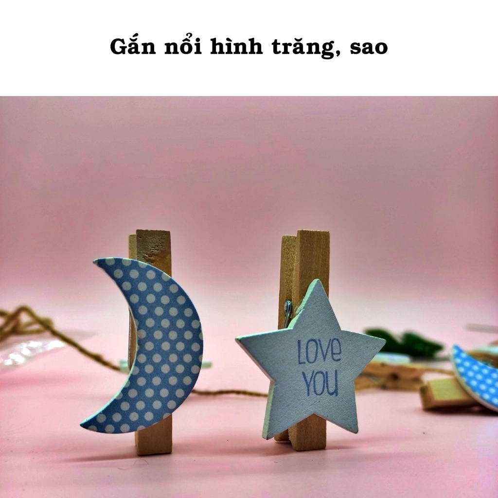 Kẹp gỗ treo ảnh gói 10 chiếc hình trăng sao kèm dây trang trí sinh nhật, treo ảnh, kẹp giấy note tại Tú Vy Studio