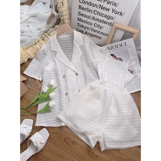 Set áo 2 dây kèm sơ mi vest đắp 4 nút + short xốp trắng
