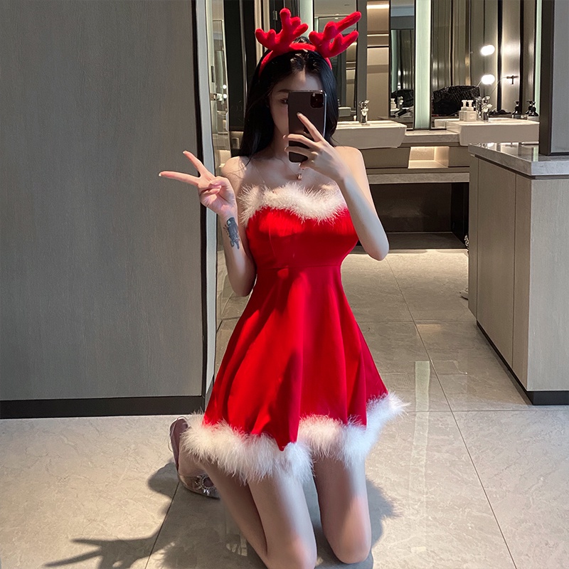 Đầm 2 dây đỏ trong suốt tết giáng sinh noel xuân lông cổ chữ V sexy hở vai lưng váy ngắn xòe eo thon ulzzang